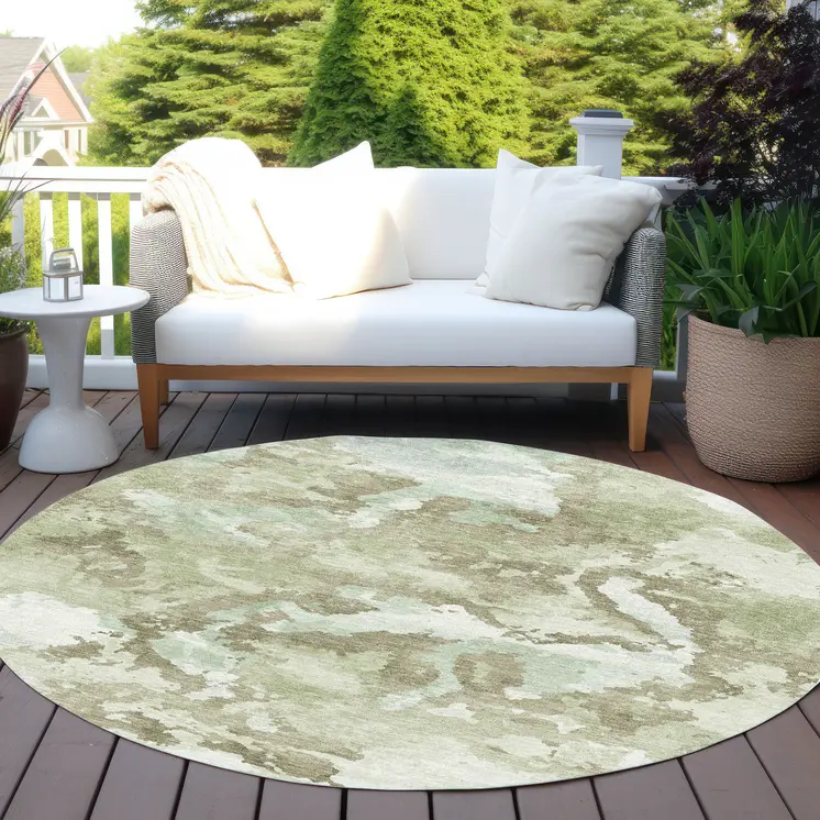 8' Artichoke Green And Fern Green Round Abstract Washable Indoor Outdoor Area Rug