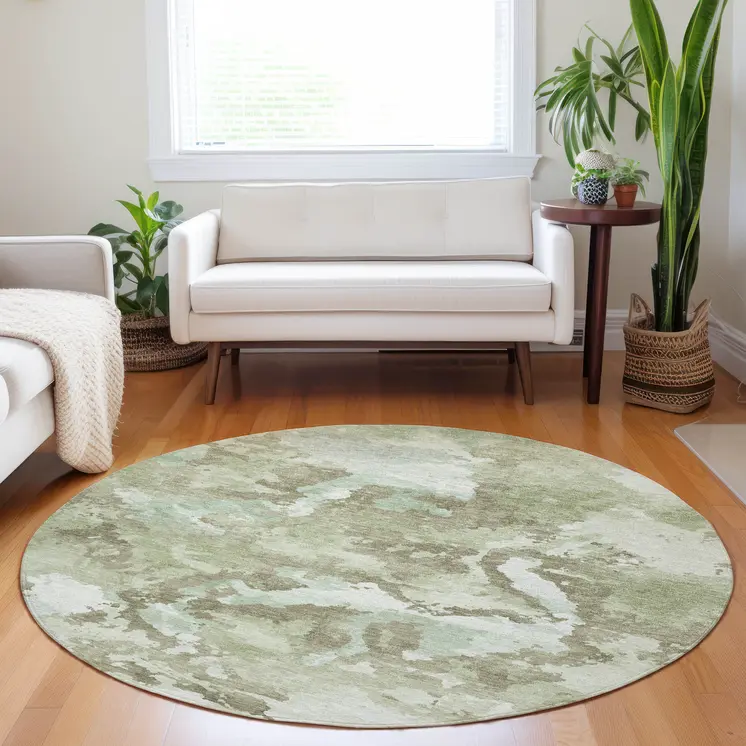 8' Artichoke Green And Fern Green Round Abstract Washable Indoor Outdoor Area Rug
