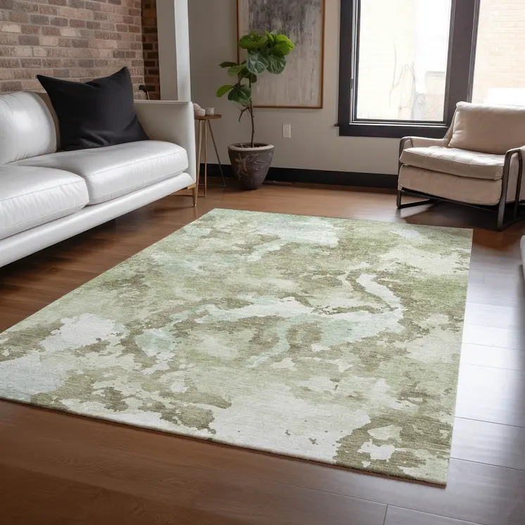 9' X 12' Artichoke Green And Fern Green Abstract Washable Indoor Outdoor Area Rug