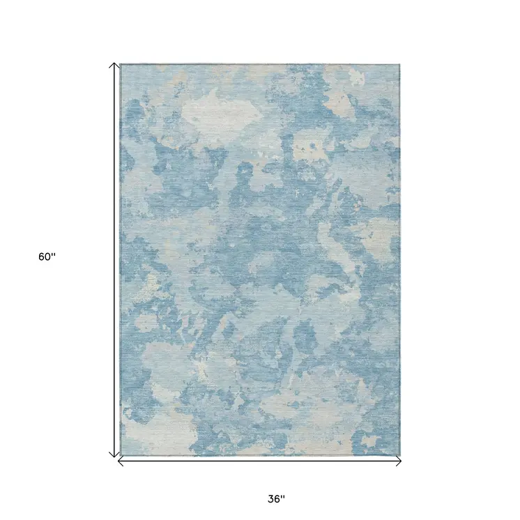 3' X 5' Sky Blue And Denim Blue Abstract Washable Indoor Outdoor Area Rug