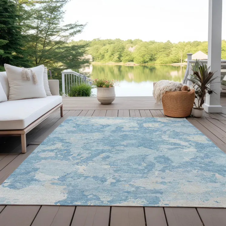 3' X 5' Sky Blue And Denim Blue Abstract Washable Indoor Outdoor Area Rug