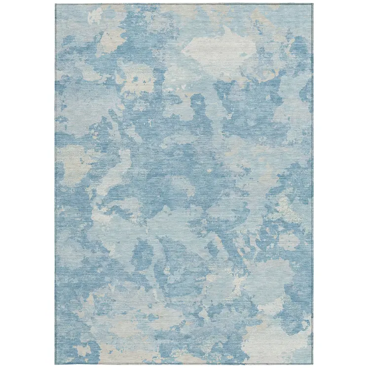 3' X 5' Sky Blue And Denim Blue Abstract Washable Indoor Outdoor Area Rug