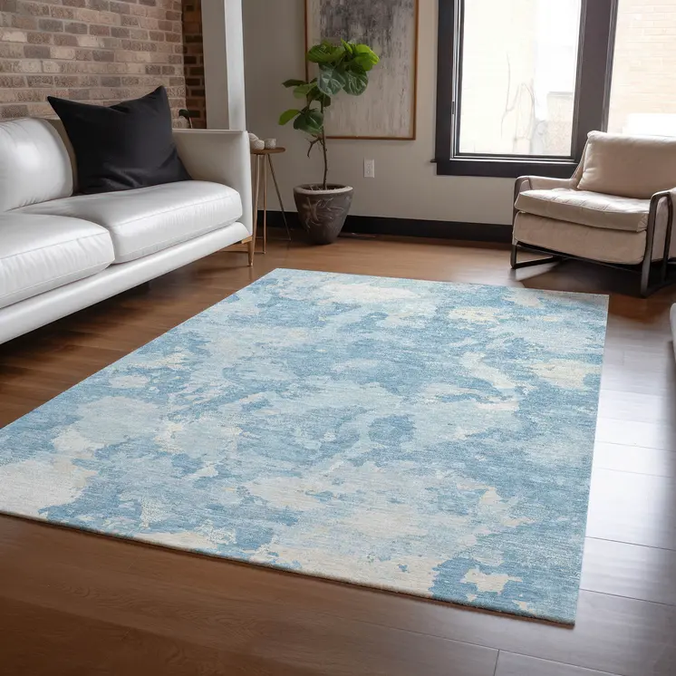 3' X 5' Sky Blue And Denim Blue Abstract Washable Indoor Outdoor Area Rug