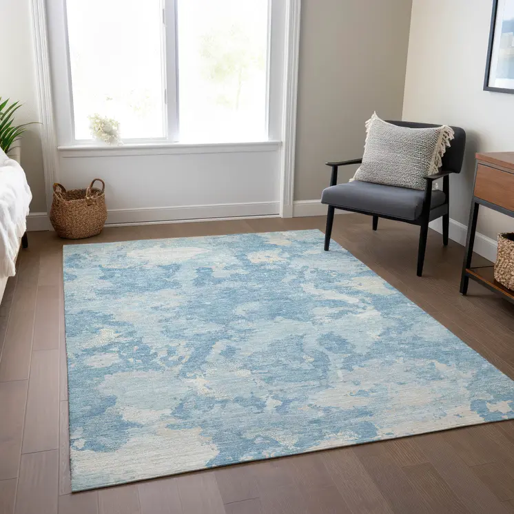 3' X 5' Sky Blue And Denim Blue Abstract Washable Indoor Outdoor Area Rug