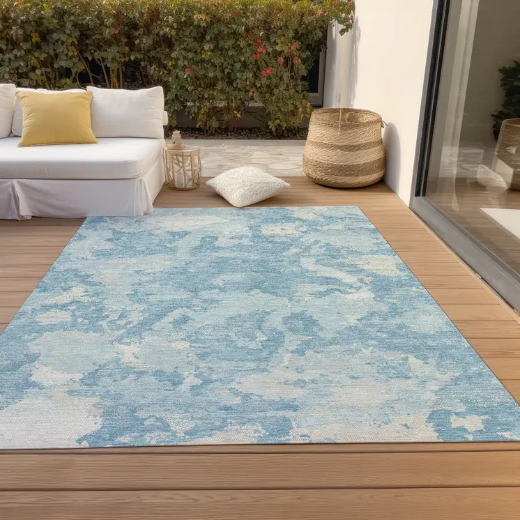 3' X 5' Sky Blue And Denim Blue Abstract Washable Indoor Outdoor Area Rug