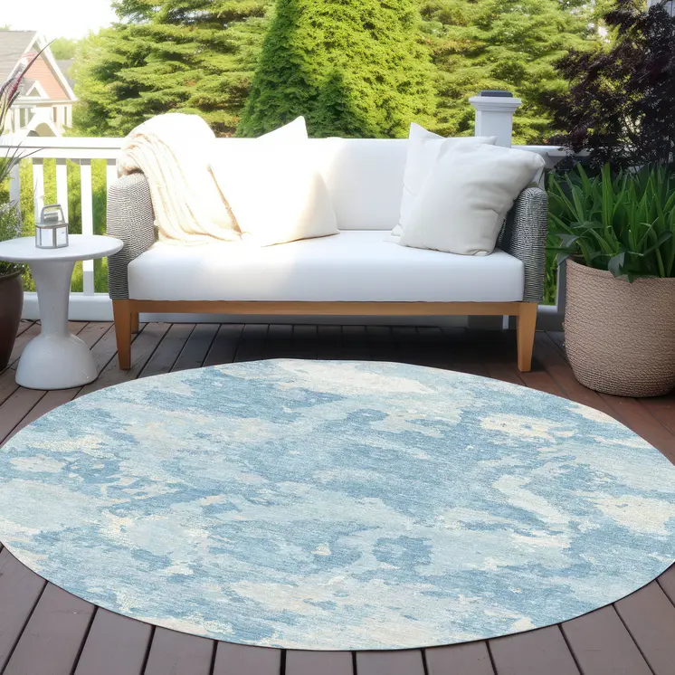 8' Sky Blue And Denim Blue Round Abstract Washable Indoor Outdoor Area Rug