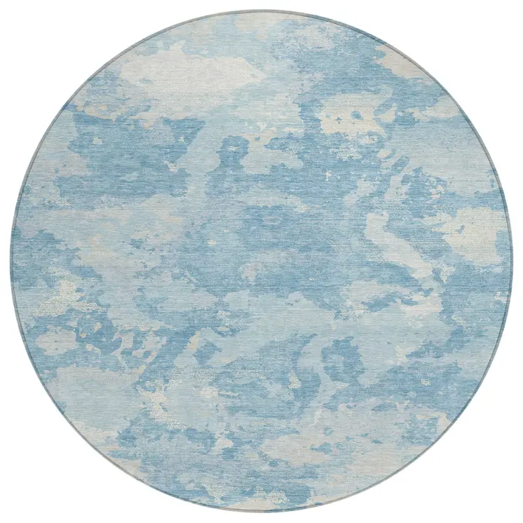 8' Sky Blue And Denim Blue Round Abstract Washable Indoor Outdoor Area Rug
