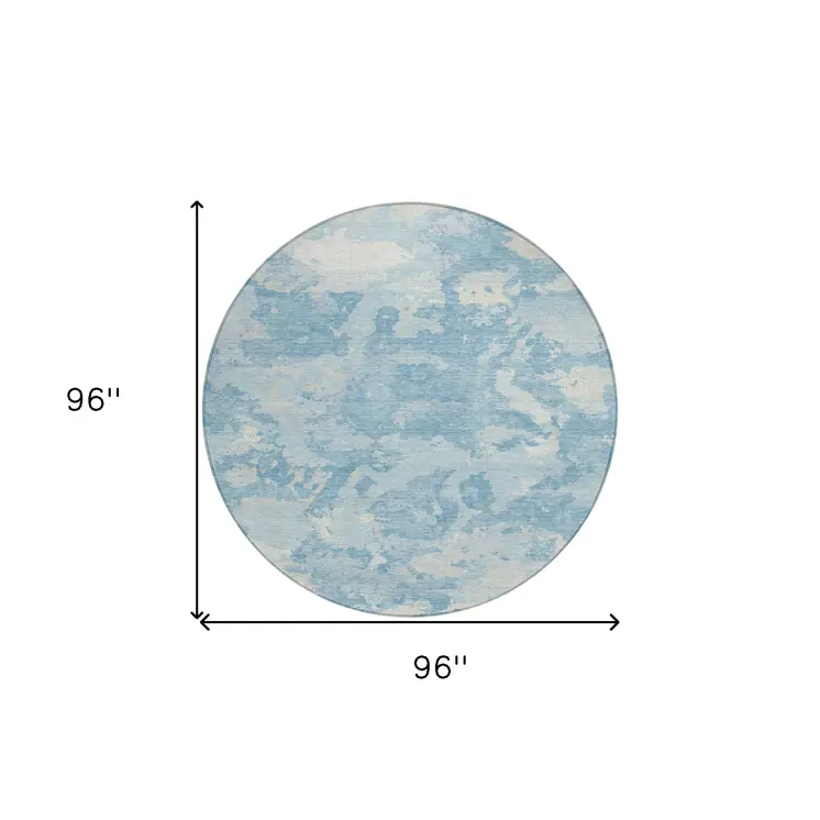 8' Sky Blue And Denim Blue Round Abstract Washable Indoor Outdoor Area Rug