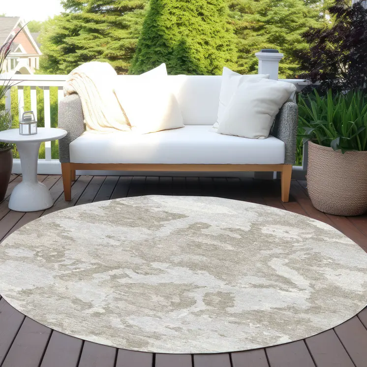 8' Taupe And Brown Round Abstract Washable Indoor Outdoor Area Rug
