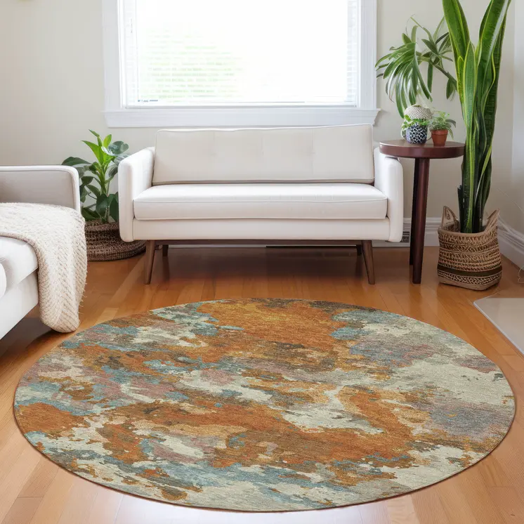 8' Copper And Orange Round Abstract Washable Indoor Outdoor Area Rug