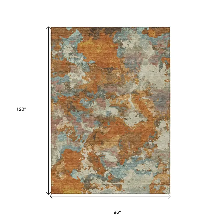 8' X 10' Copper And Orange Abstract Washable Indoor Outdoor Area Rug