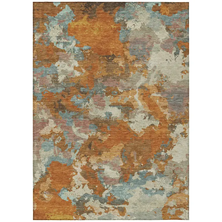 8' X 10' Copper And Orange Abstract Washable Indoor Outdoor Area Rug