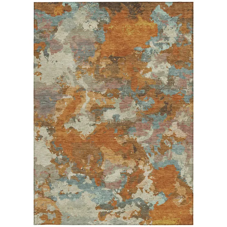 9' X 12' Copper And Orange Abstract Washable Indoor Outdoor Area Rug