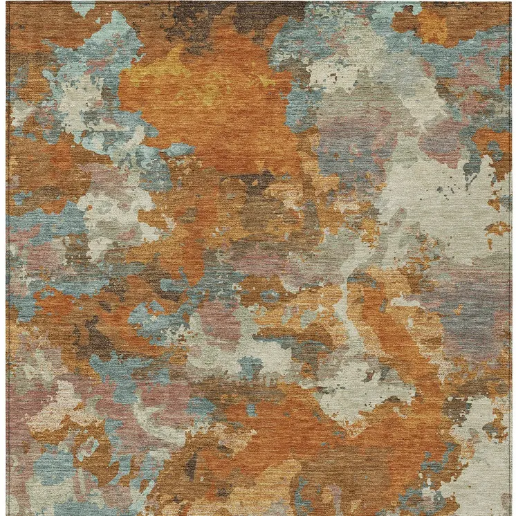 10' X 14' Copper And Orange Abstract Washable Indoor Outdoor Area Rug
