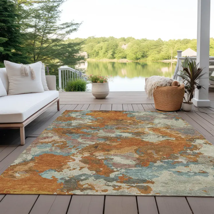 10' X 14' Copper And Orange Abstract Washable Indoor Outdoor Area Rug