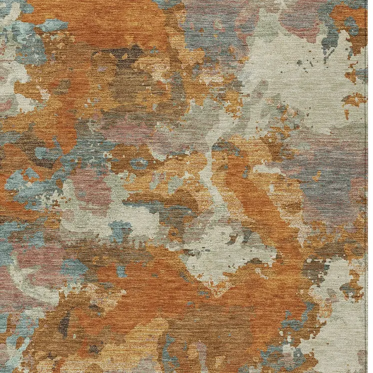10' X 14' Copper And Orange Abstract Washable Indoor Outdoor Area Rug