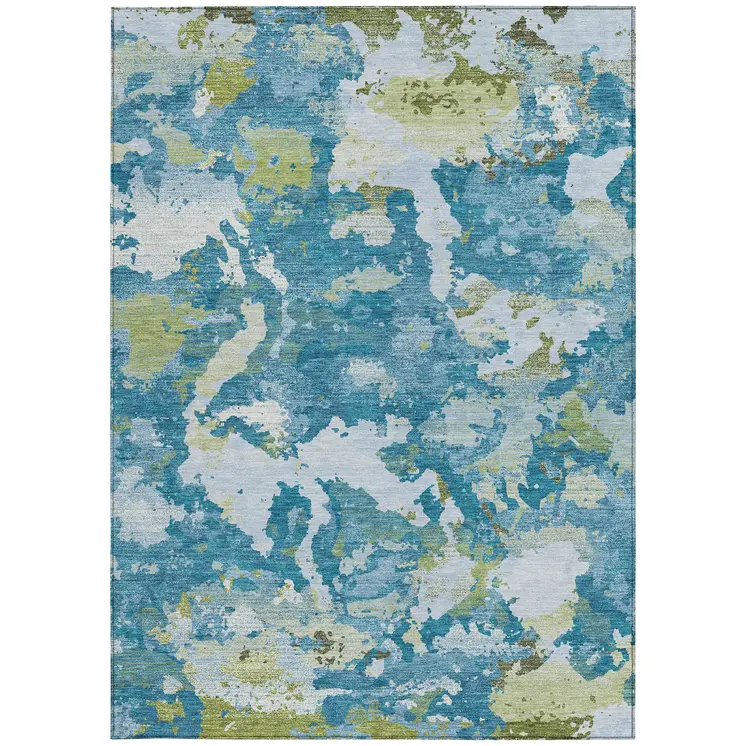 5' X 8' Denim Blue And Olive Green Abstract Washable Indoor Outdoor Area Rug