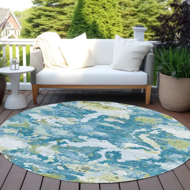 8' Denim Blue And Olive Green Round Abstract Washable Indoor Outdoor Area Rug