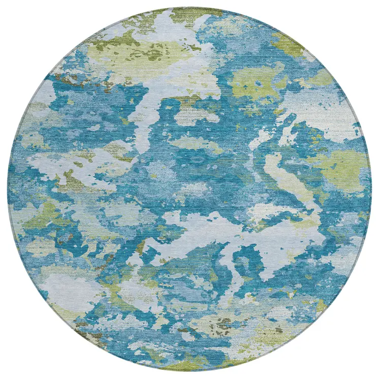 8' Denim Blue And Olive Green Round Abstract Washable Indoor Outdoor Area Rug