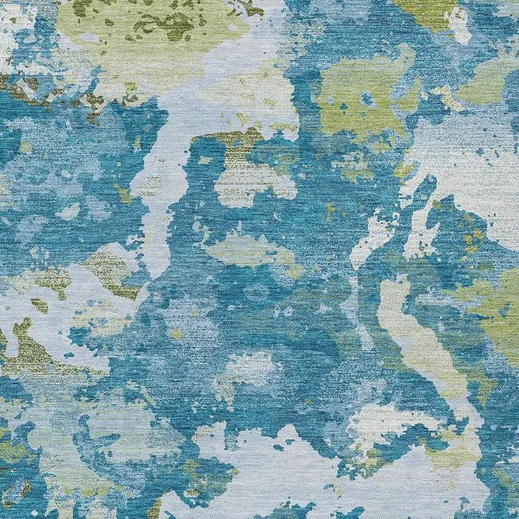 8' X 10' Denim Blue And Olive Green Abstract Washable Indoor Outdoor Area Rug