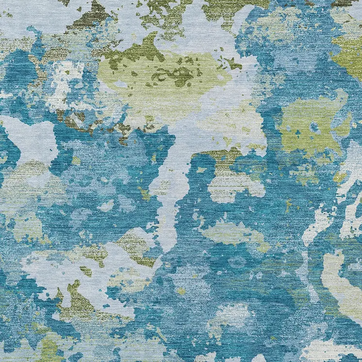9' X 12' Denim Blue And Olive Green Abstract Washable Indoor Outdoor Area Rug