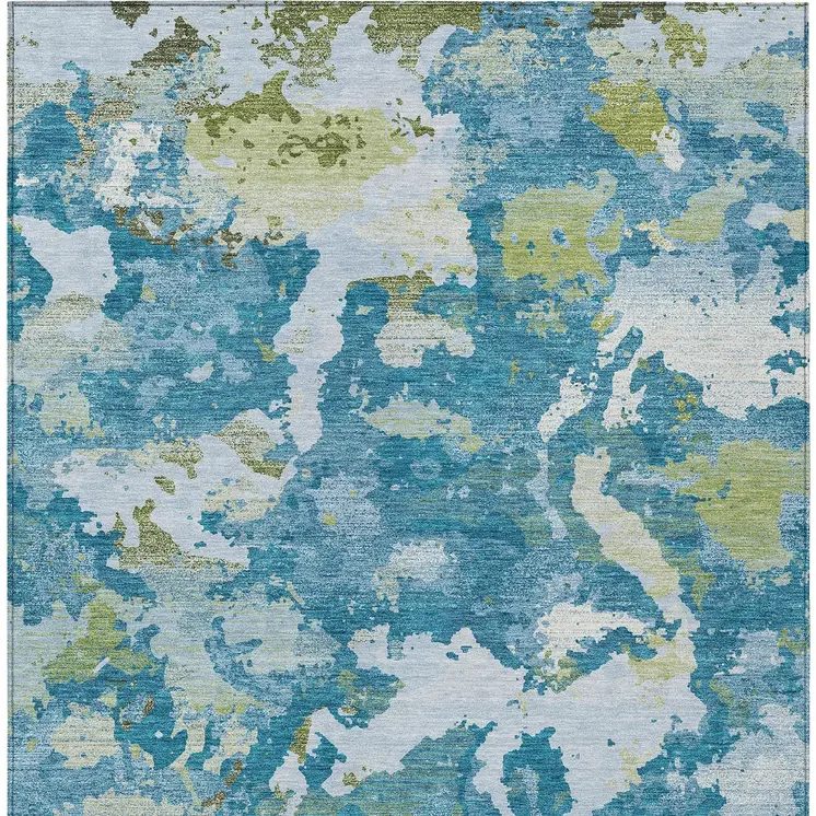 10' X 14' Denim Blue And Olive Green Abstract Washable Indoor Outdoor Area Rug
