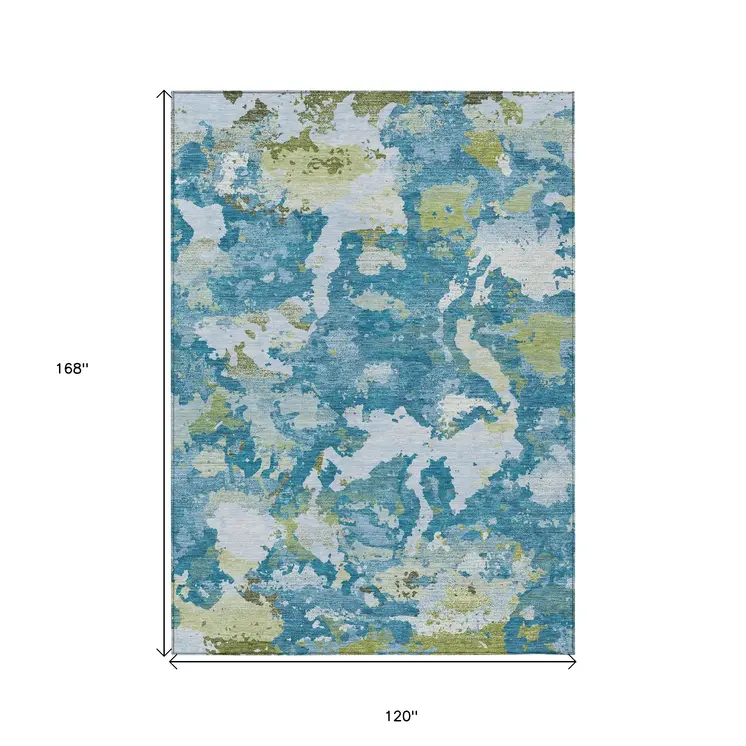 10' X 14' Denim Blue And Olive Green Abstract Washable Indoor Outdoor Area Rug