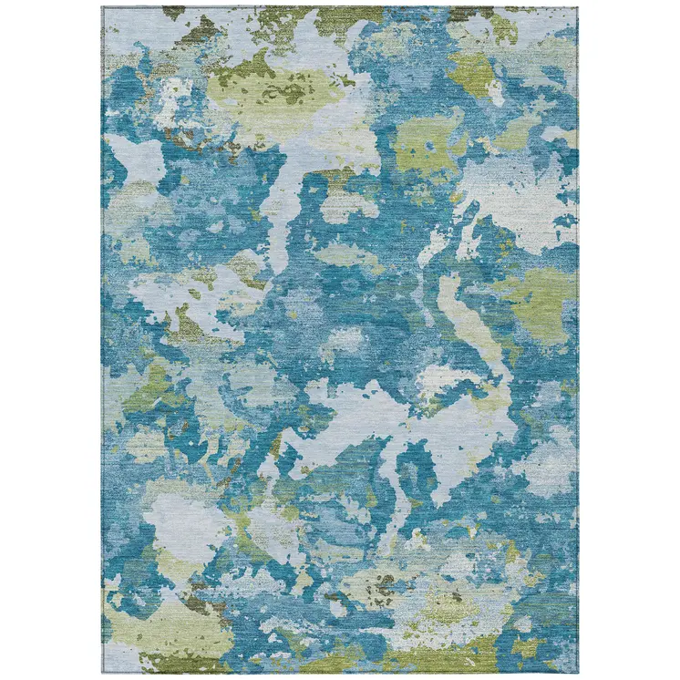 10' X 14' Denim Blue And Olive Green Abstract Washable Indoor Outdoor Area Rug