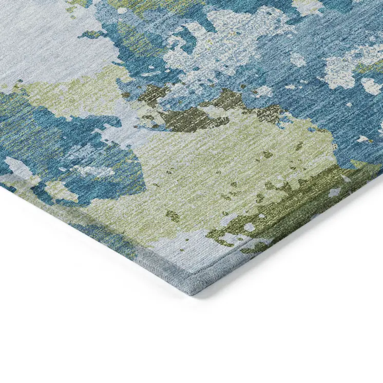 10' X 14' Denim Blue And Olive Green Abstract Washable Indoor Outdoor Area Rug