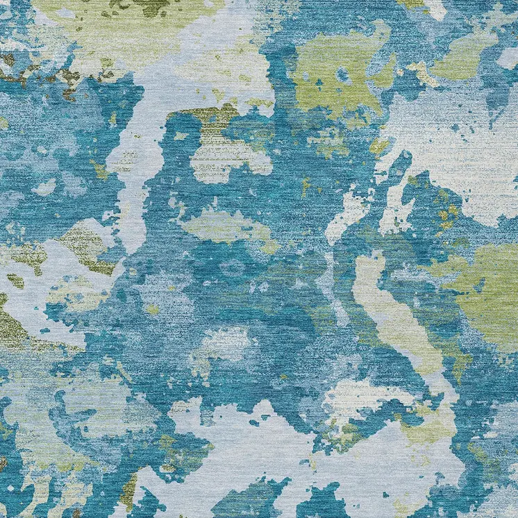 10' X 14' Denim Blue And Olive Green Abstract Washable Indoor Outdoor Area Rug