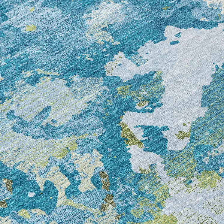 10' X 14' Denim Blue And Olive Green Abstract Washable Indoor Outdoor Area Rug