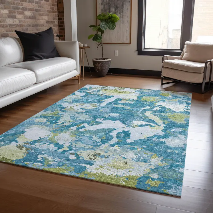 10' X 14' Denim Blue And Olive Green Abstract Washable Indoor Outdoor Area Rug