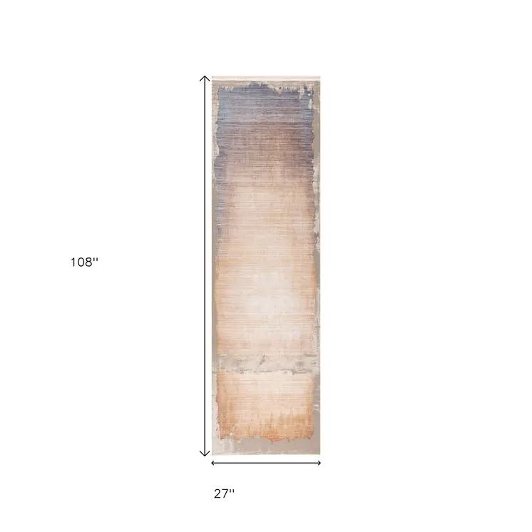 9' Beige Blue And Brown Abstract Runner Rug