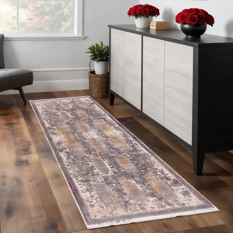 7' Gray Beige And Orange Southwestern Runner Rug