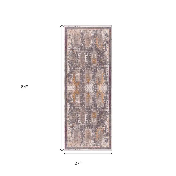 7' Gray Beige And Orange Southwestern Runner Rug