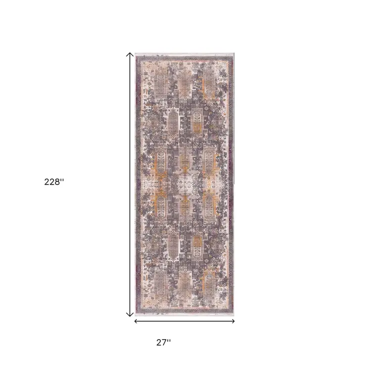 19' Runner Gray Beige And Orange Southwestern Runner Rug