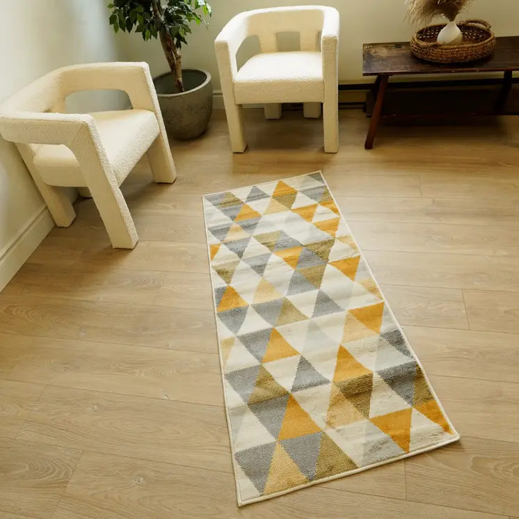 17' Runner Yellow Beige And Gray Geometric Runner Rug