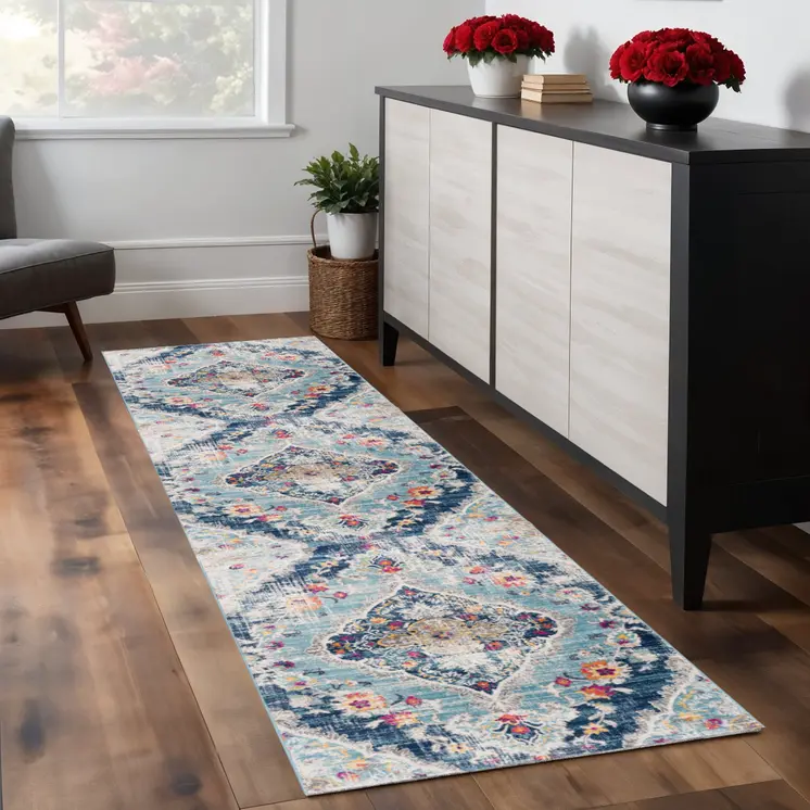9' Blue Gray And Ivory Medallion Runner Rug