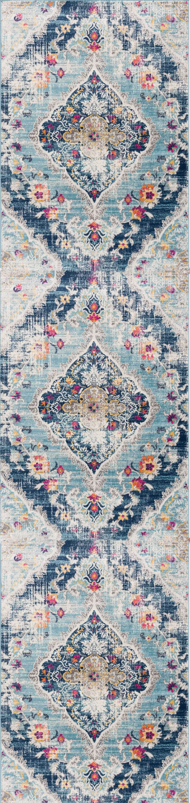 17' Runner Blue Gray And Ivory Medallion Runner Rug