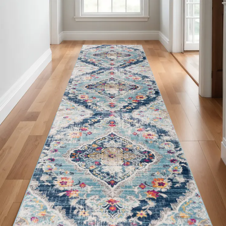 17' Runner Blue Gray And Ivory Medallion Runner Rug