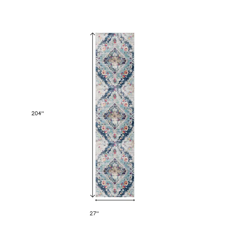 17' Runner Blue Gray And Ivory Medallion Runner Rug
