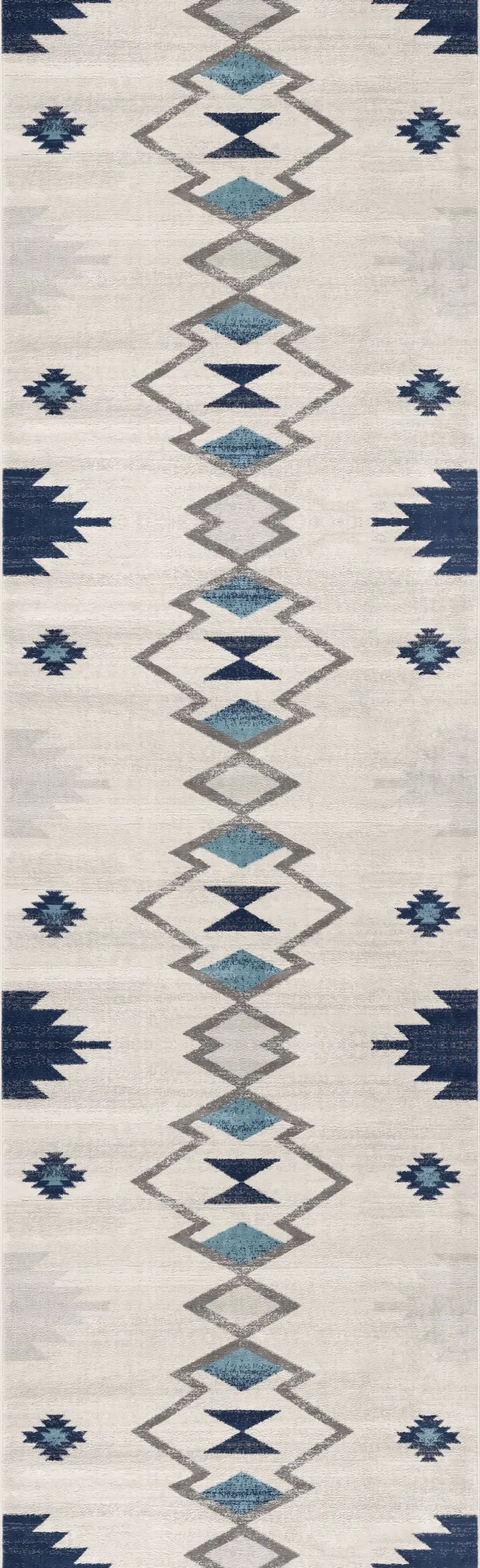 9' Blue Beige And Gray Southwestern Runner Rug