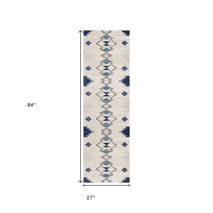 7' Blue Beige And Gray Southwestern Runner Rug