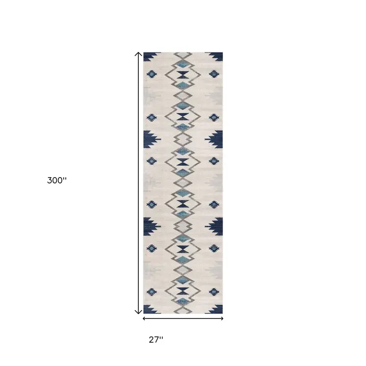 25' Runner Blue Beige And Gray Southwestern Runner Rug