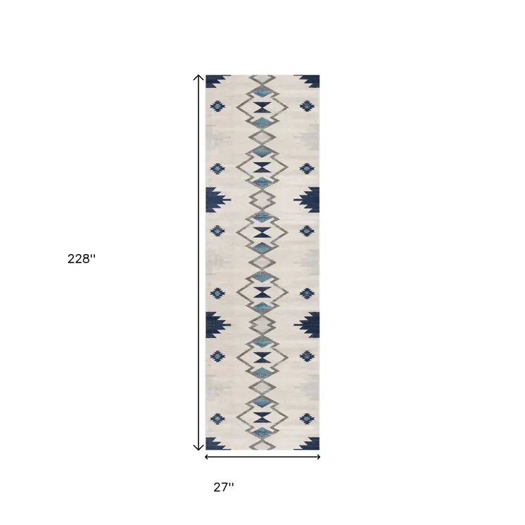 19' Runner Blue Beige And Gray Southwestern Runner Rug