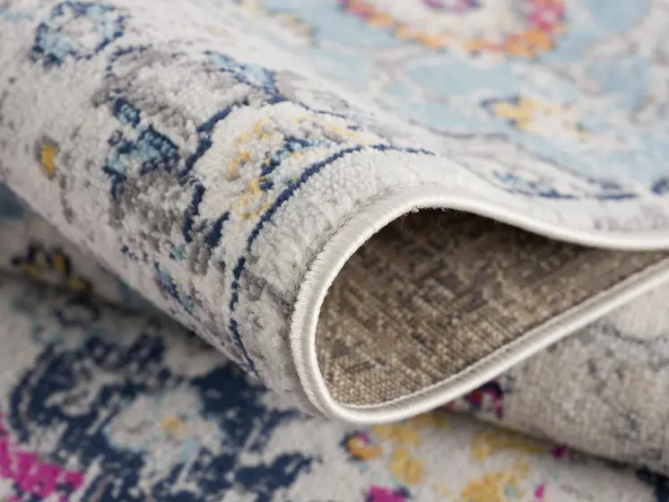 9' Rust Gray And Sky Blue Floral Runner Rug