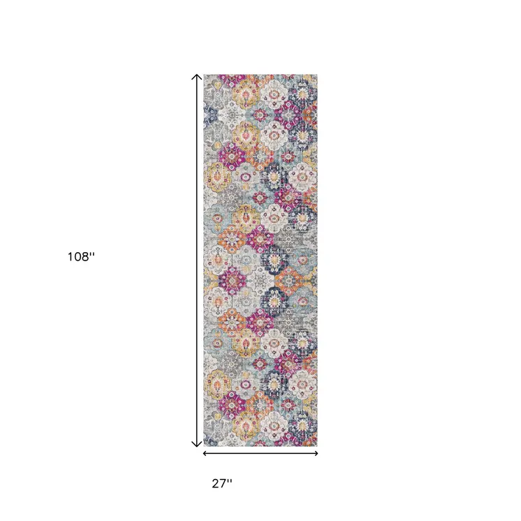 9' Rust Gray And Sky Blue Floral Runner Rug
