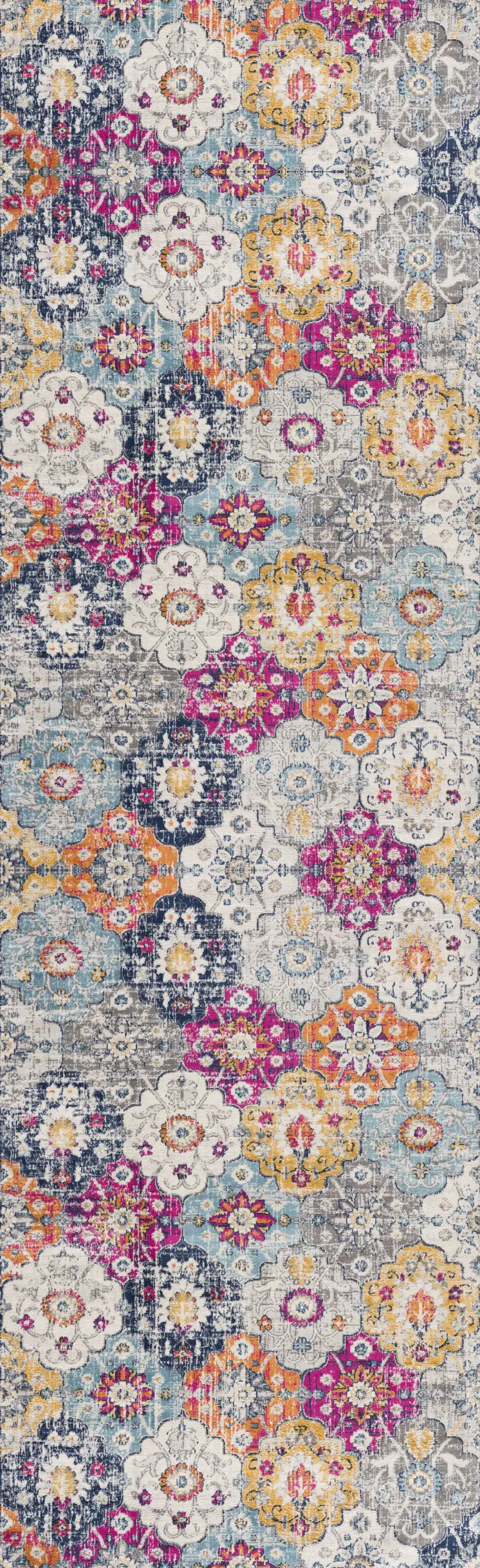 7' Rust Gray And Sky Blue Floral Runner Rug