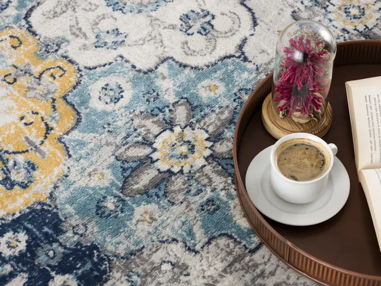 17' Runner Rust Gray And Sky Blue Floral Runner Rug