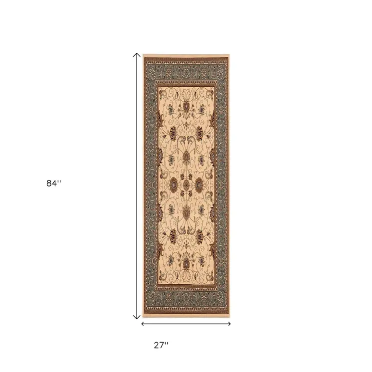 7' Dark Gray Tan And Brown Oriental Runner Rug
